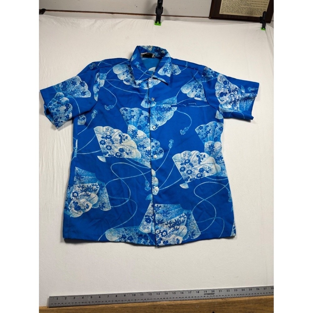 Vintage Malihini Hawaii Mens 2XL Blue Aloha Hawaiian Shirt Short Sleeve 70s Fan